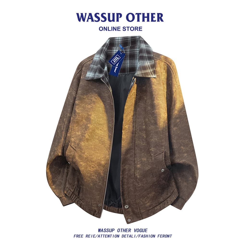 WASSUP OUTRO Jaqueta de couro xadrez retrô americana masculina primavera outono solta Casual casal jaqueta de lapela mas