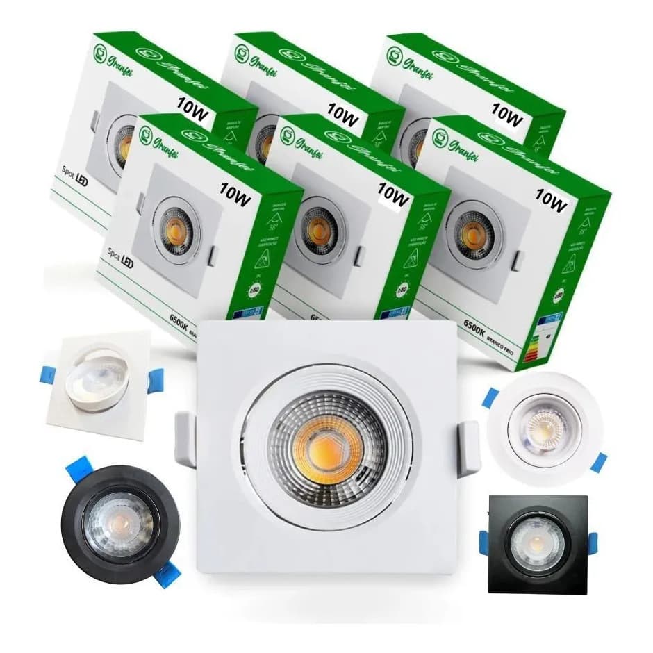 Kit 10-20 Luminária Spot Led 10w Branco Preto Embutir Quadrado Redondo Branco Frio Neutro Quente