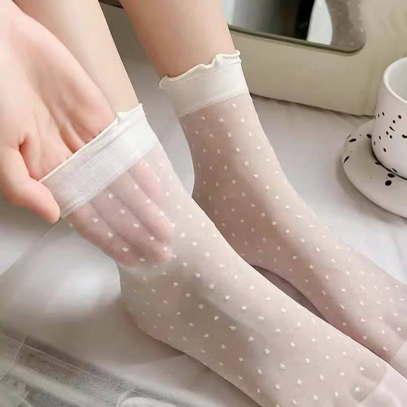 Verão fino Mid-Tube Polka Dot meias branco gelo seda meias femininas cristal seda rendas verão vidro seda respirável mei