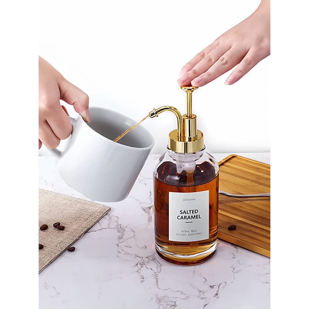 Garrafa de xarope de vidro 500ml, estoque pronto, frutas com tampa, prensa de café, bico, leite, loja de chá, garrafa es