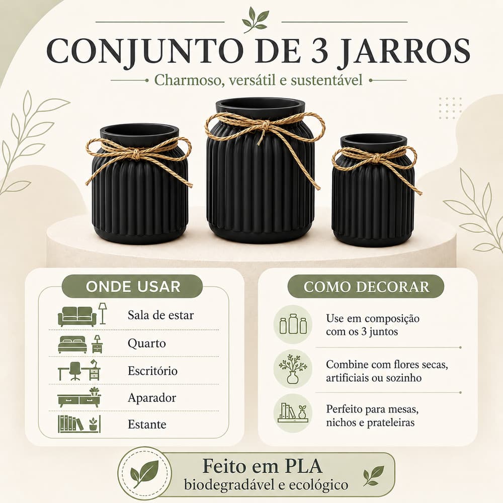 Kit 3 Vasos Cachepot Moderno Canelados  Trio de Vasos Decoração Sala Quarto Impressão 3D