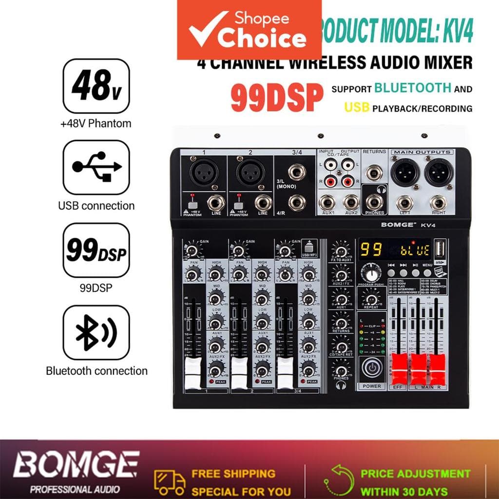 BOMGE KV4 Mesa de Som de 4 Canais Interface de Áudio Console de Mixagem 99 DSP Misturador de Áudio com Efeito de