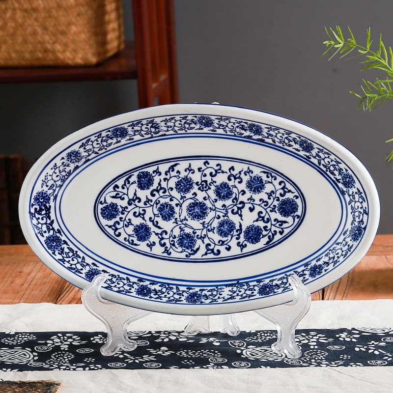 Prato de peixe de cerâmica de tamanho grande Prato Oval Prato de vegetais domésticos Prato de porcelana azul branco Prat