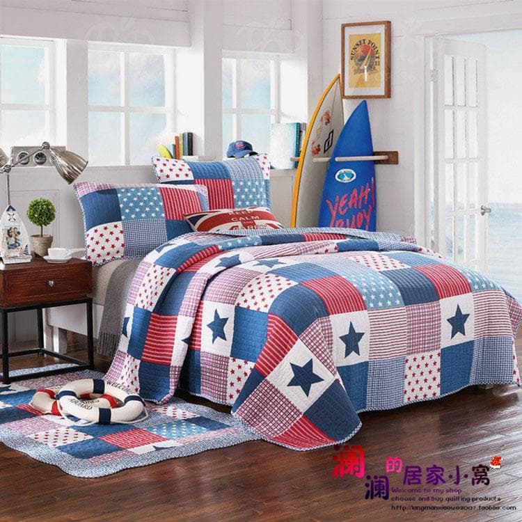 Colcha acolchoada de algodão estilo americano estrela azul, colcha fresca de verão, ar condicionado, colcha para almoço,