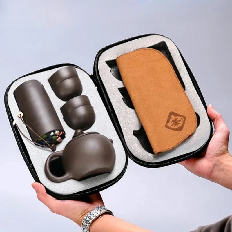 Conjunto De Chá De Argila Yixing Portátil Com 4 Xícaras Kit De Viagem Gongfu Para Acampamento , Caminhada , Escritório ,
