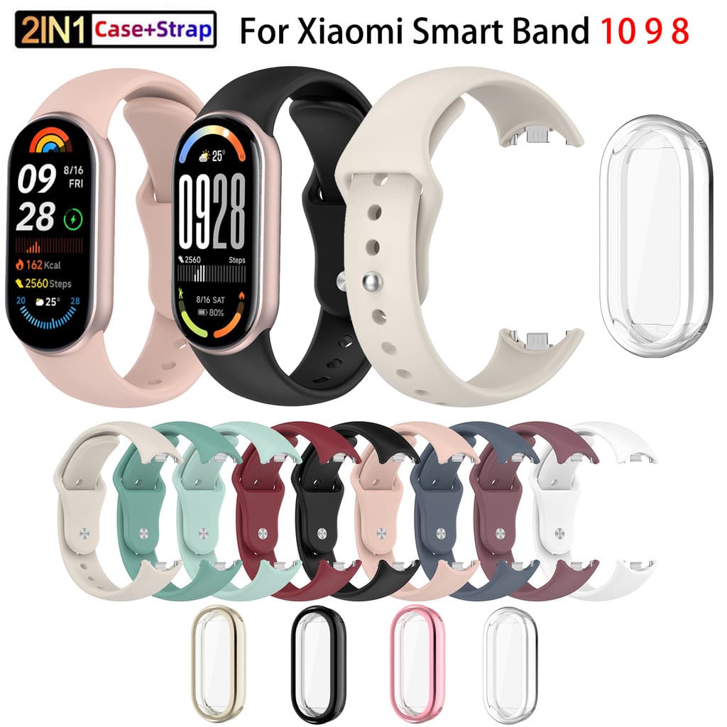 Para Xiaomi Banda Inteligente 10 9 8 NFC Pulseira De Silicone + TPU Caso Mi Pulseiras De Relógio 2 Em 1 Esporte Macio Ba