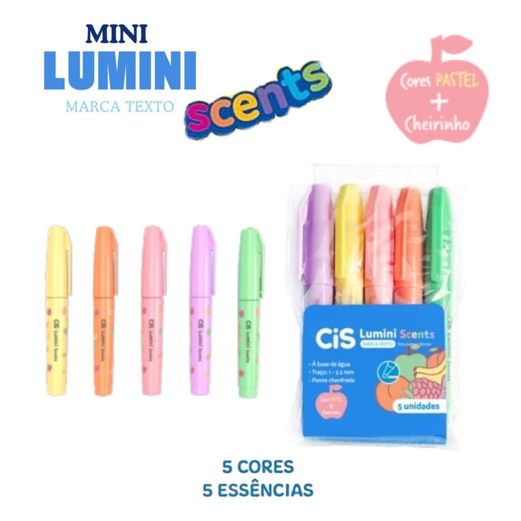 Marca Texto Mini Lumini Scents Pastel - Perfumado Estojo com 5 Unidades