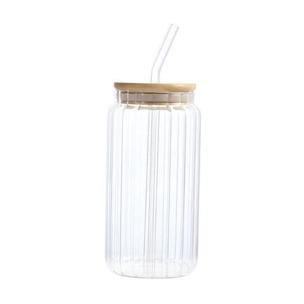 Copo Com Canudo de Vidro Canelado e Tampa Bambu 480ml