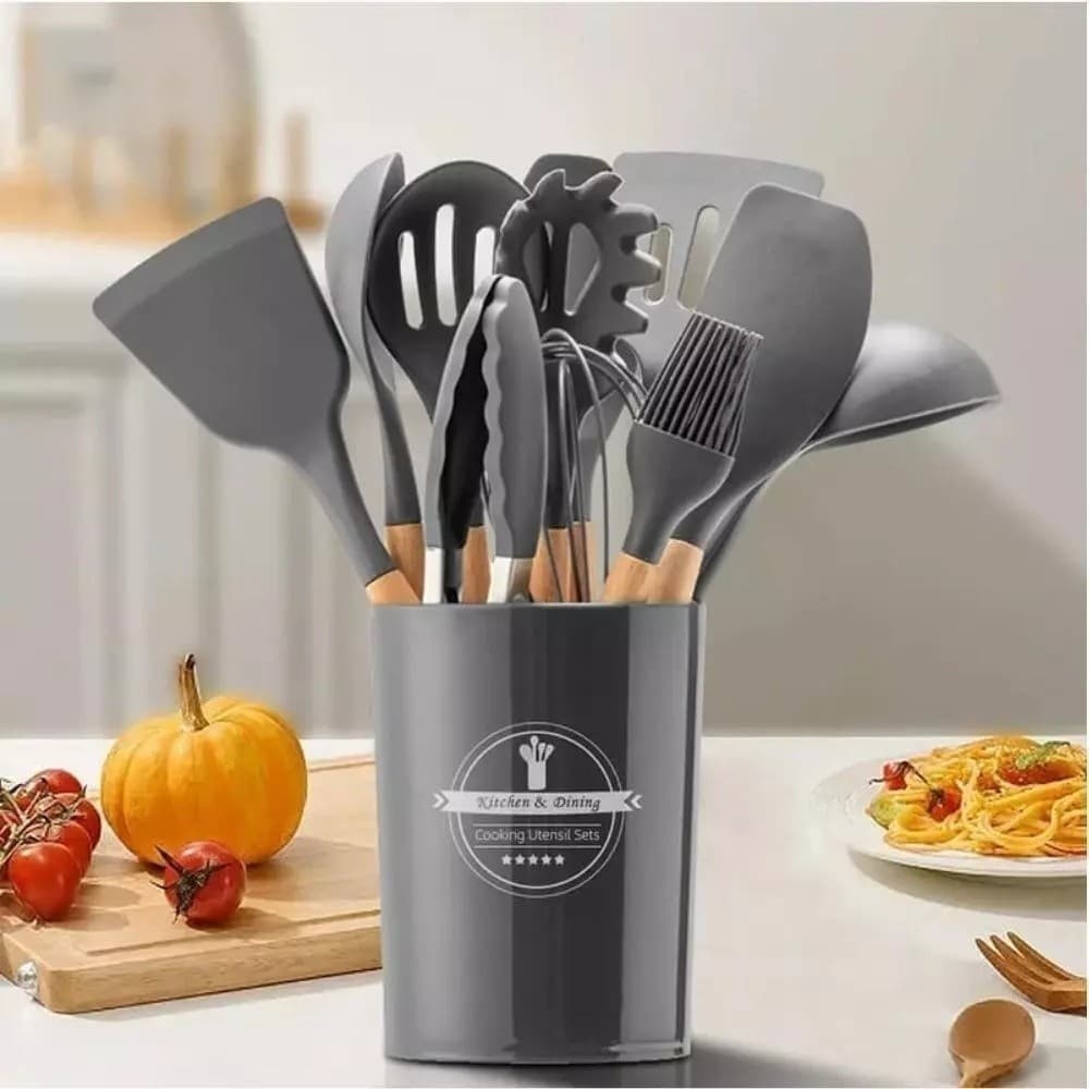 Jogo De Cozinha Kit C/12 Peças De Premium Silicone Utensílios E Copo Suporte Para Cabo De Madeira