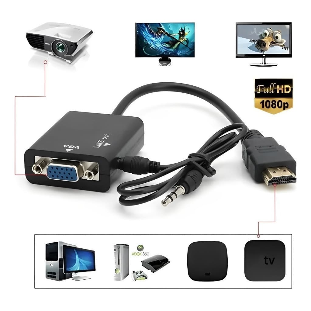 Cabo Adaptador Conversor Hdmi Macho para Vga Fêmea Monitor Projetor Audio c/ P2
