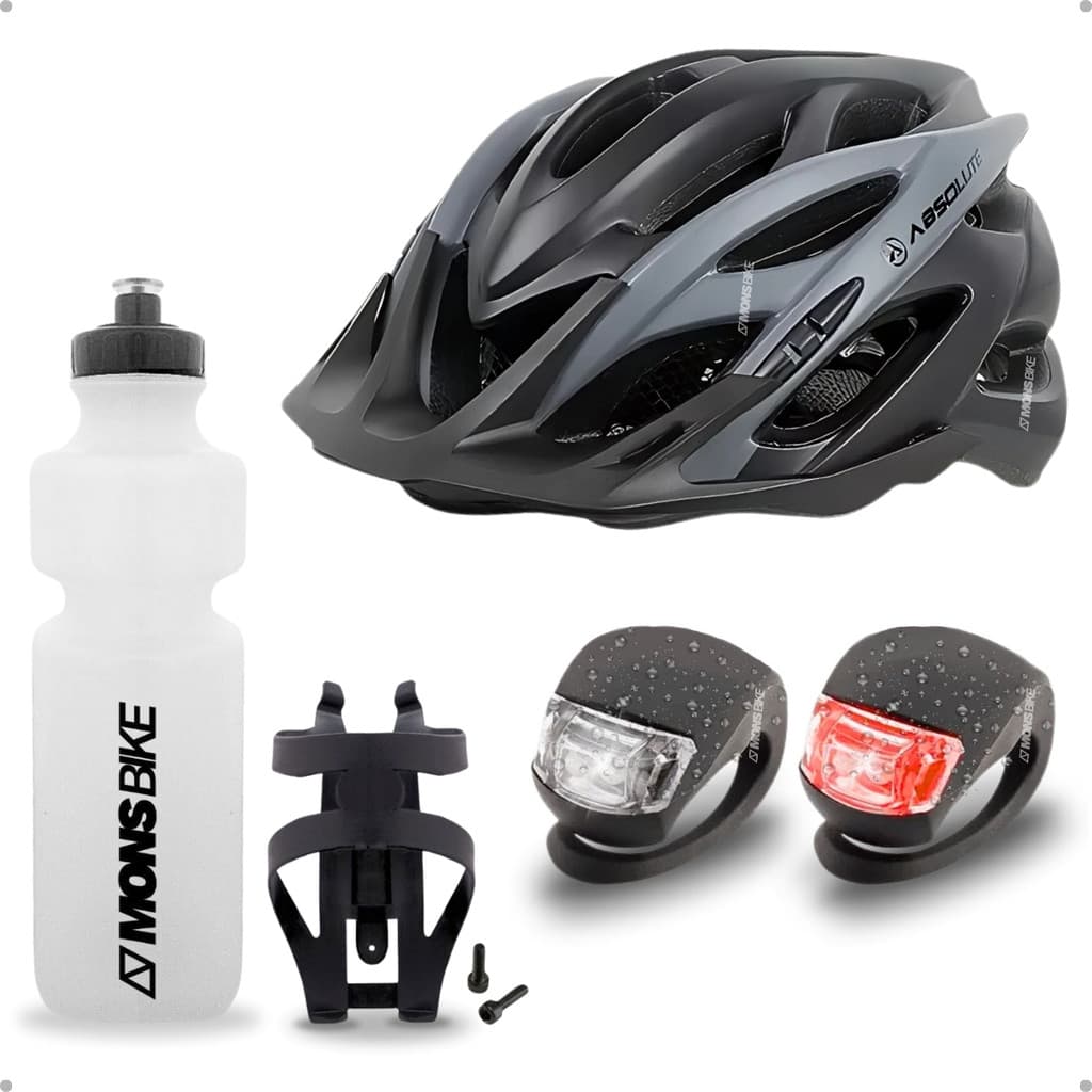 Kit Capacete Bike Ciclismo + Garrafa Squeeze + Suporte Caramanhola + Par Piscas Lanterna Led