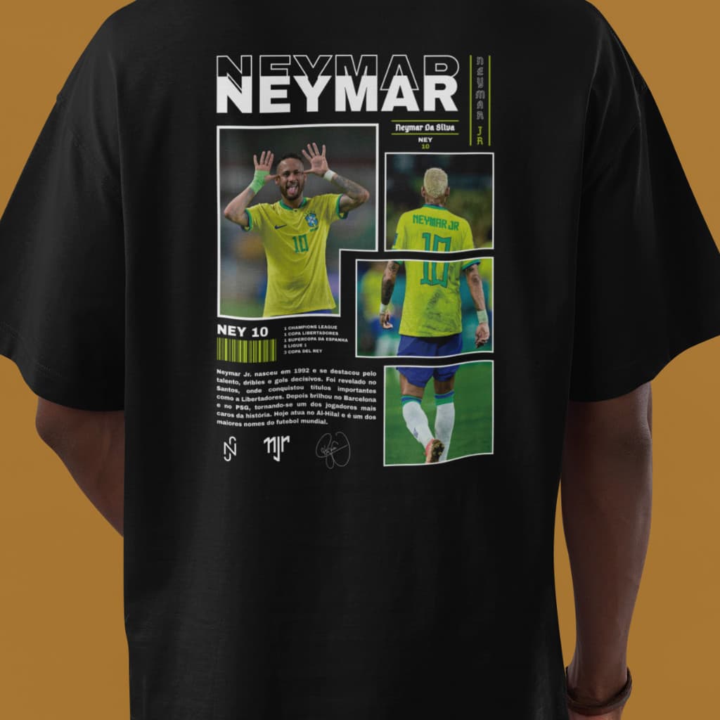 Camiseta Neymar Jr Descrição Jogador Brasil Streetwear Preta 100% Algodão