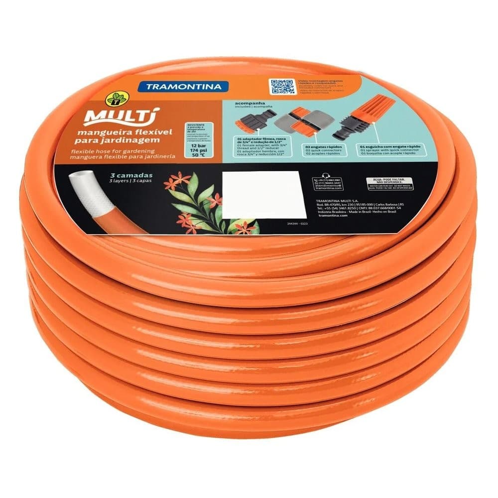 Mangueira Multi 1/2" Tramontina Laranja em PVC 3 Camadas 20 m com Engates Rápidos e Esguicho
