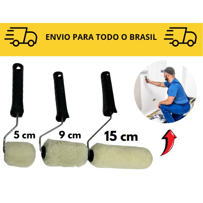 3 Rolos para pintura Lã 5, 9 e 15cm / rolo de pintura com cabo / acabamento pintura