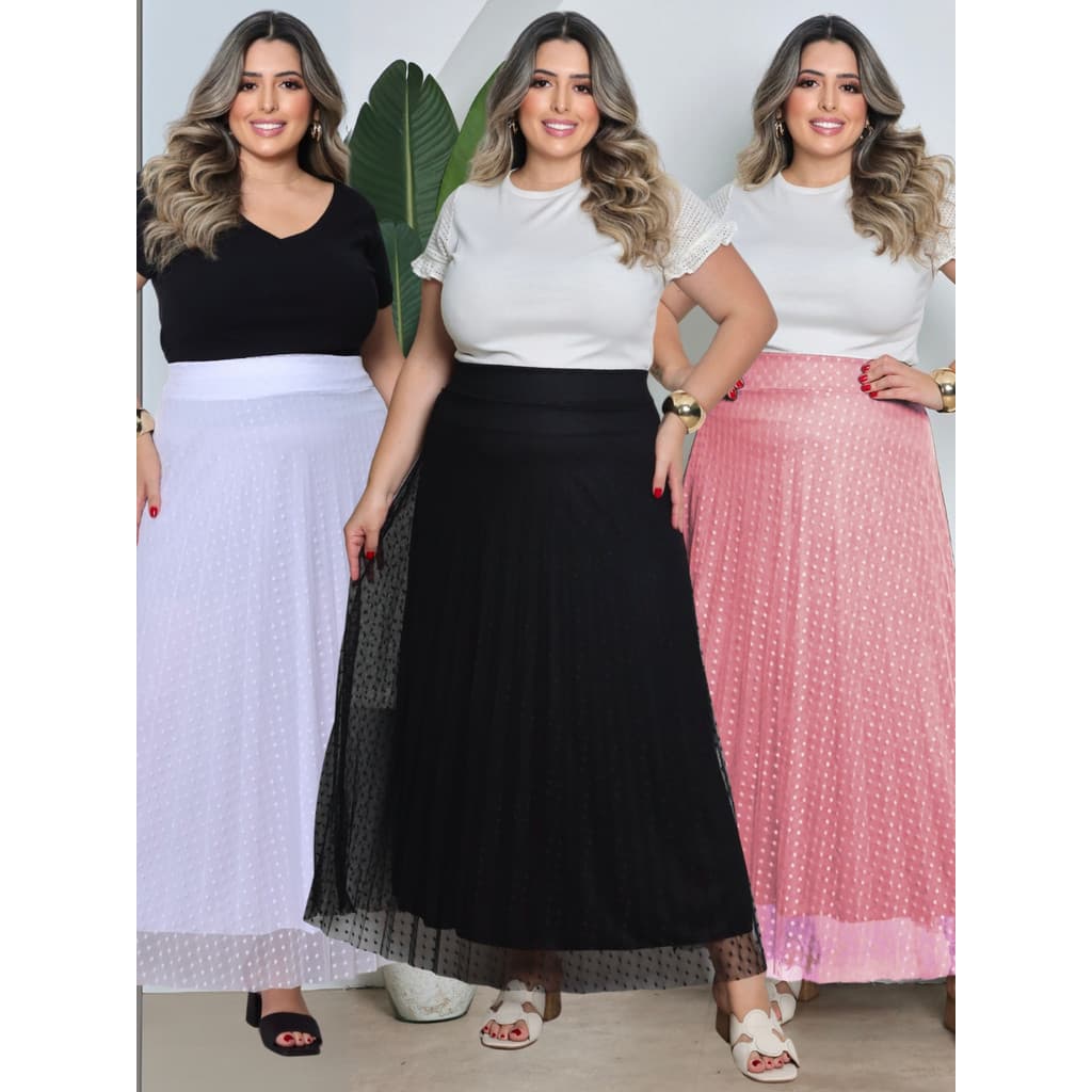 Saia Longa Tule Poa e Forro Helanca Plus Size Elástico na Cintura Moda Evangélica Crista e Modesta