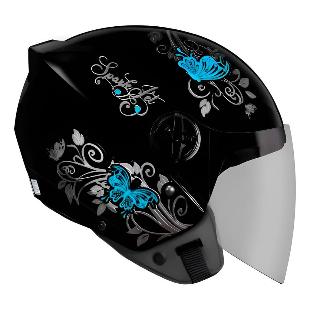 Capacete Ebf Feminino Jet Aberto Borboleta Preto Azul/rosa