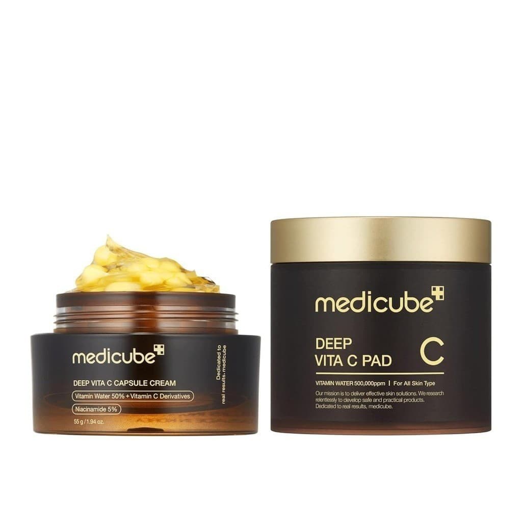medicube Glass Skin Duo para pele irregular: Almofadas Faciais Deep Vita C e Hidratante Facial Deep Vitamin C Golden Cap