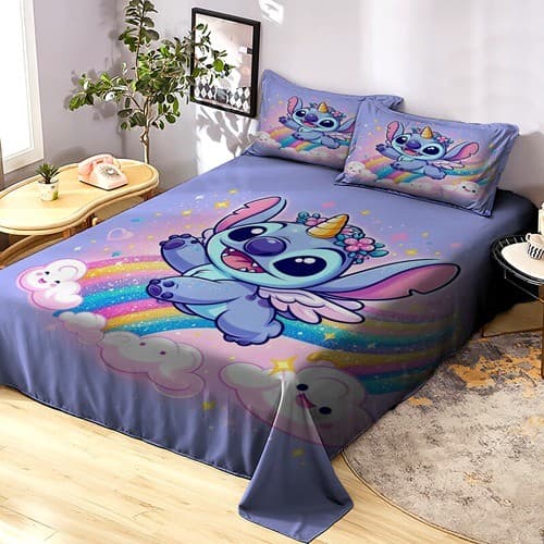 Lençol Queen Stitch 3 Peças Sem Elástico LCQ 44 Fronhas Inclusas Quarto Infantil Personagem Azul