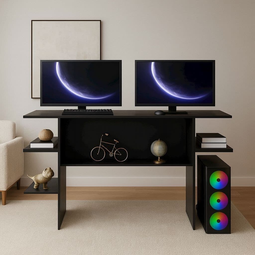 Mesa Escrivaninha Compacta p/ PC Gamer e Estudo – Cor Preta