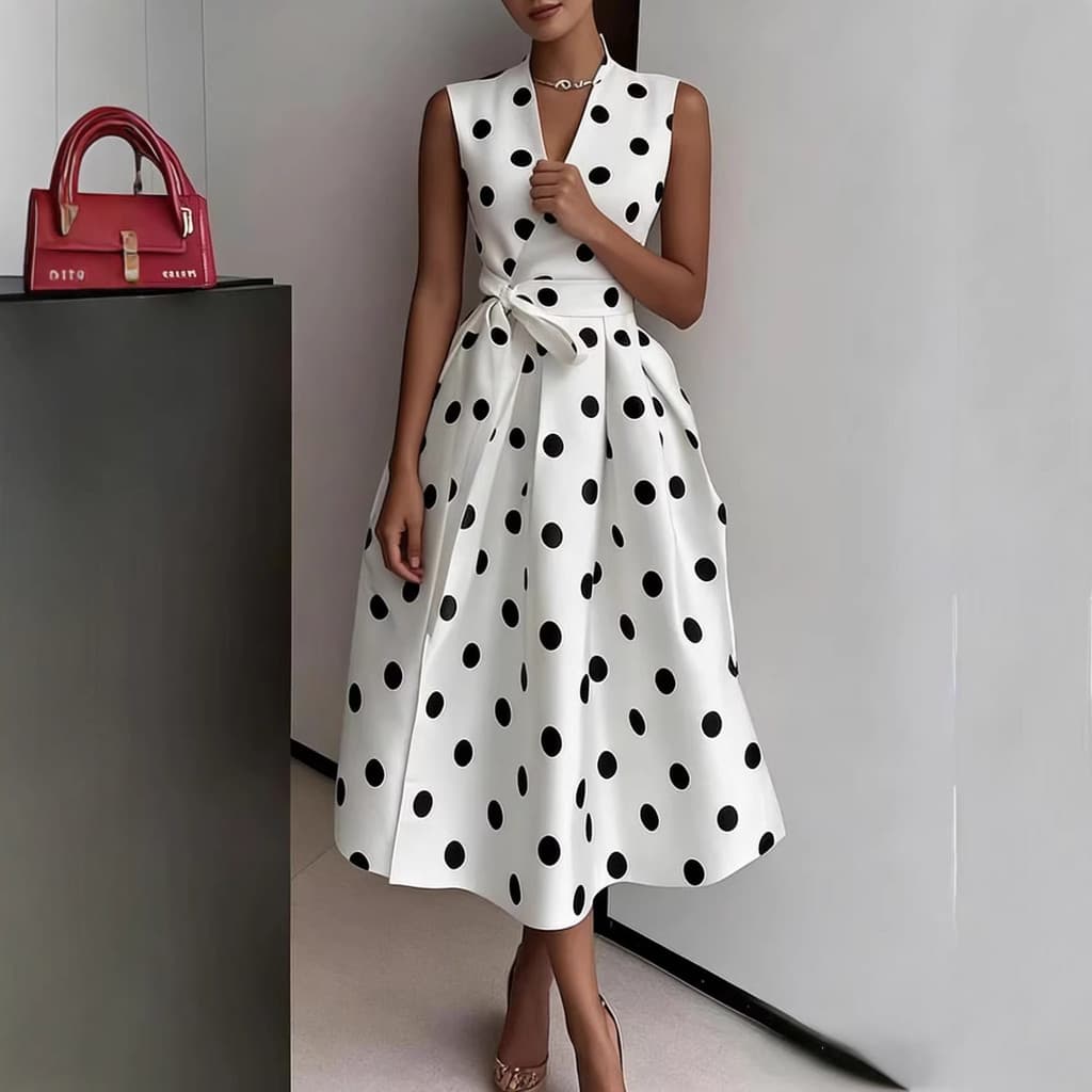 [Produtos em estoque, entrega no mesmo dia] Vestido feminino 2026 verão bolinhas retrô cintura estreita aparência mais f