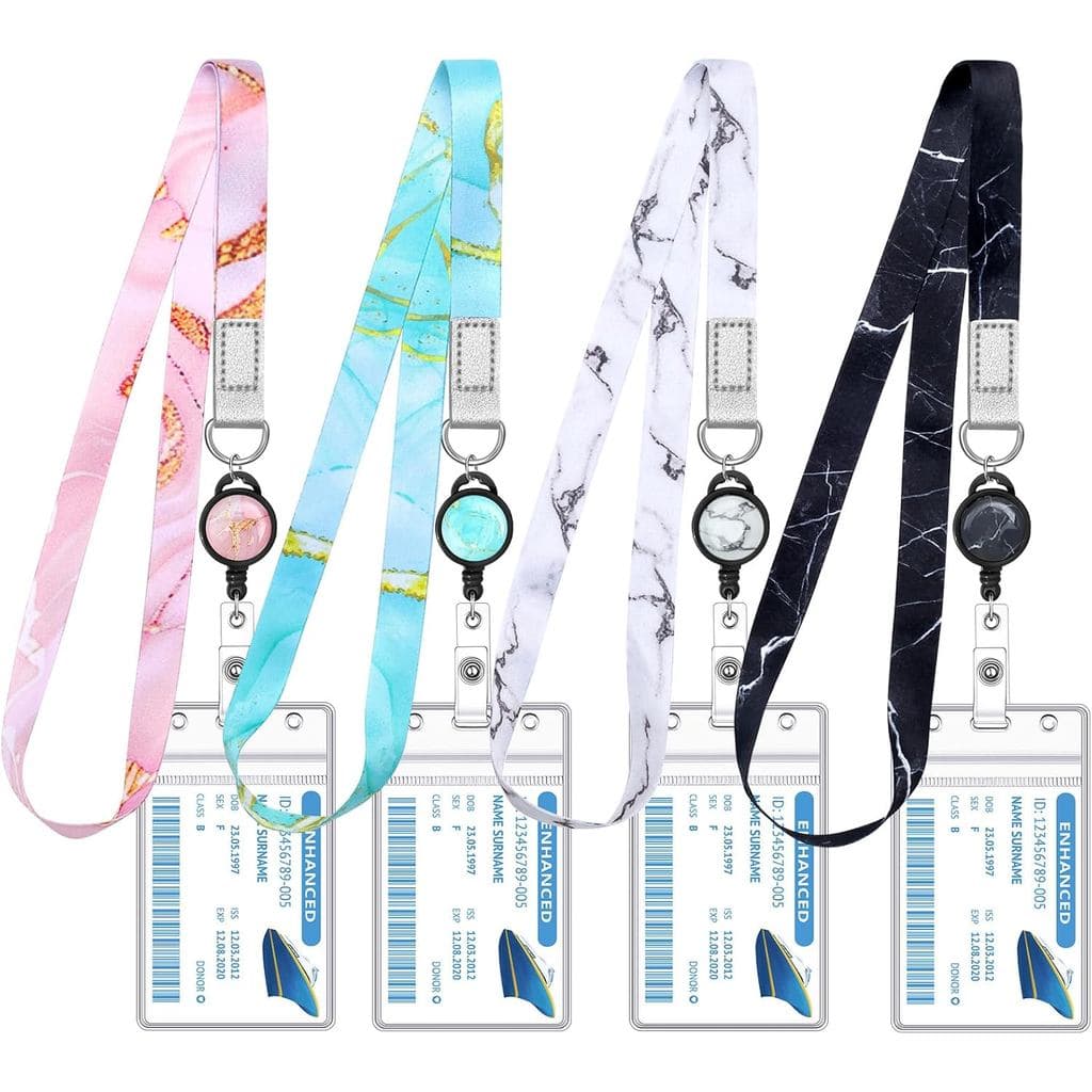 Conjunto de 4 cordões para cartão de cruzeiro, cordões com padrão de mármore fofo e porta-crachás retráteis, porta-cartõ