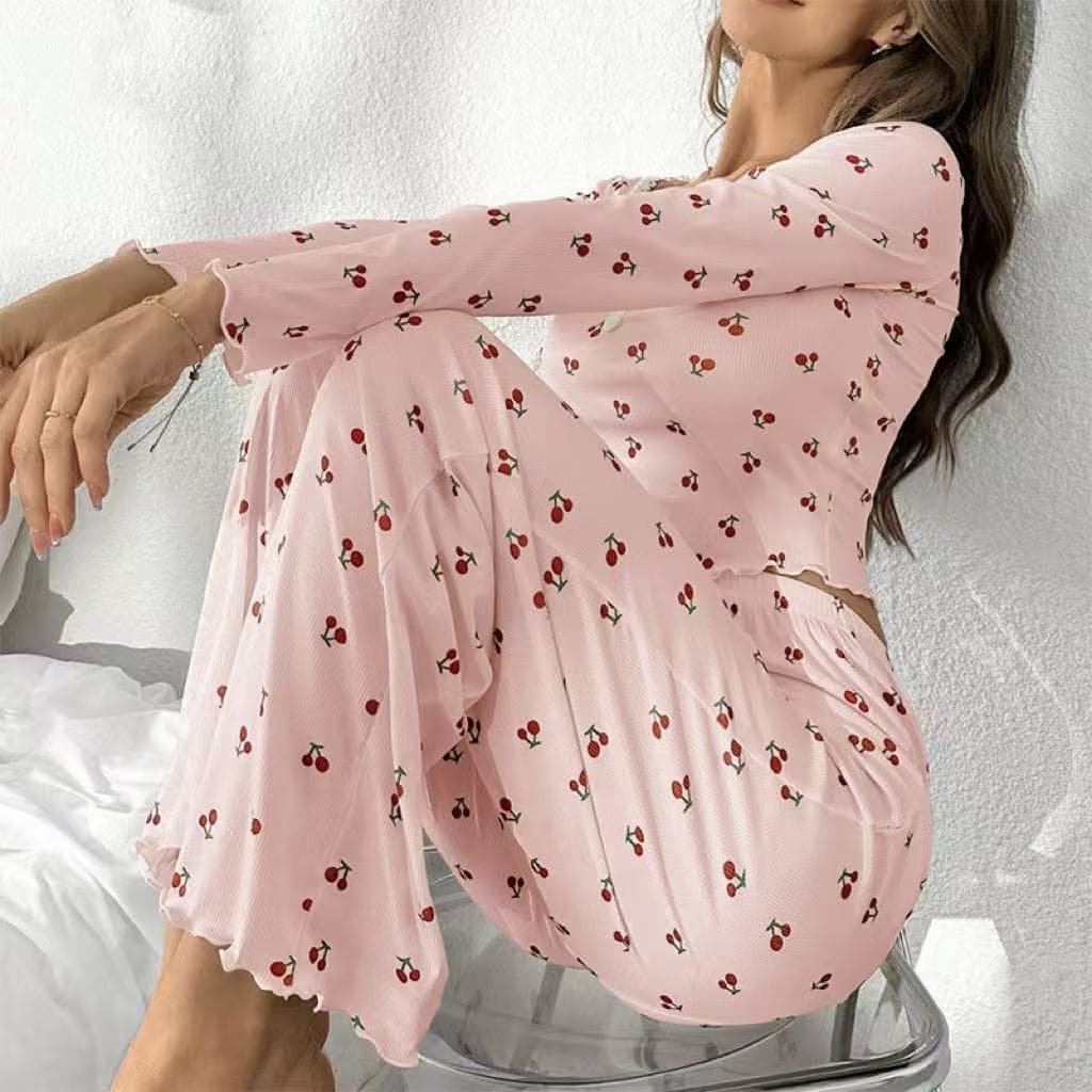 Conjunto casual de roupa de casa feminina com estampa, composto por calças compridas e camisa de manga roupa quente