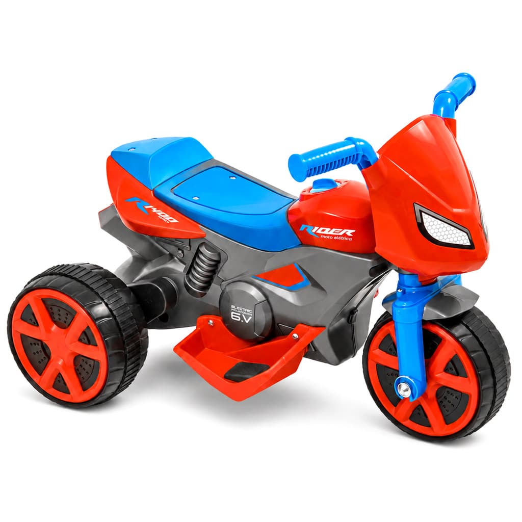 Moto Elétrica Rider Azul Vermelho Teia Recarregável 6V Bivolt Carregador Base De Apoio Usual