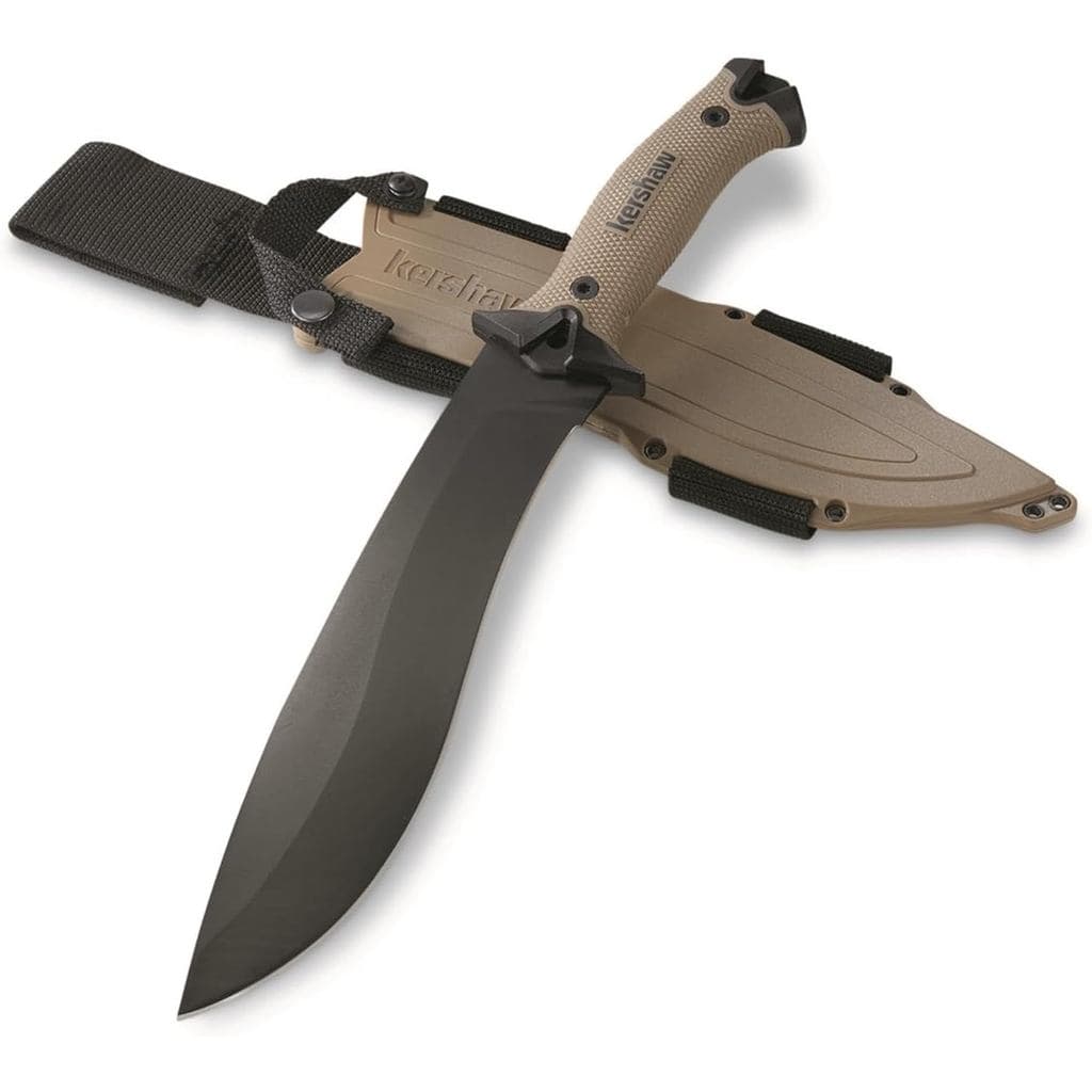 Machete Kershaw Camp 10, cor bege, lâmina fixa recurva de 10 polegadas, aço carbono 65Mn, lâmina de espiga completa, inc