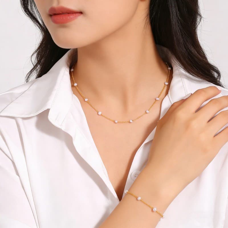 Audrey Hepburn Estilo Concha Pérola Colar Pulseira Conjunto Titânio Aço Banhado A Ouro Hipoalergênico Não-Desbotamento J