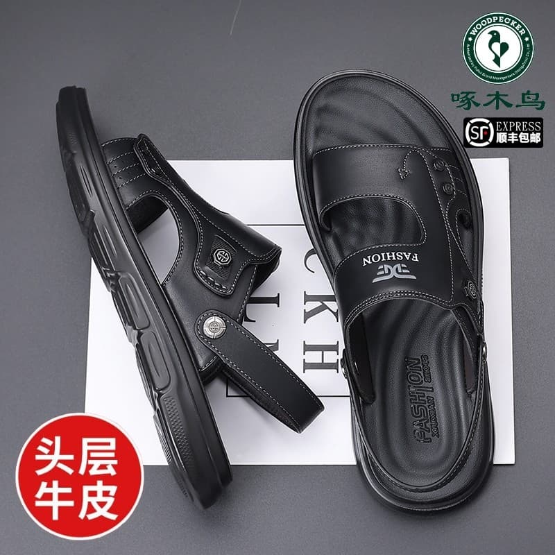 Woodpecker sandálias masculinas verão couro genuíno Casual sapatos de praia camada superior respirável sola macia dupla-
