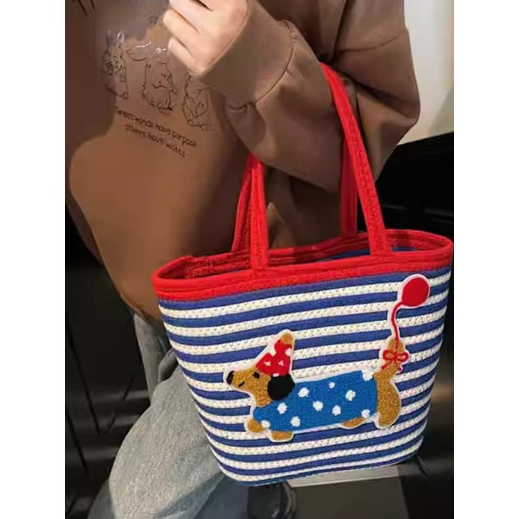 Dachshund fio de algodão corda de algodão grande capacidade bonito senhoras bolsa mão-tecido cesta de vegetais lancheira