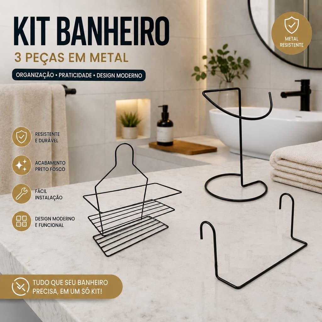Kit Banheiro 3 Peças Porta Toalhas Suporte Registro Shampoo Organizador Box
