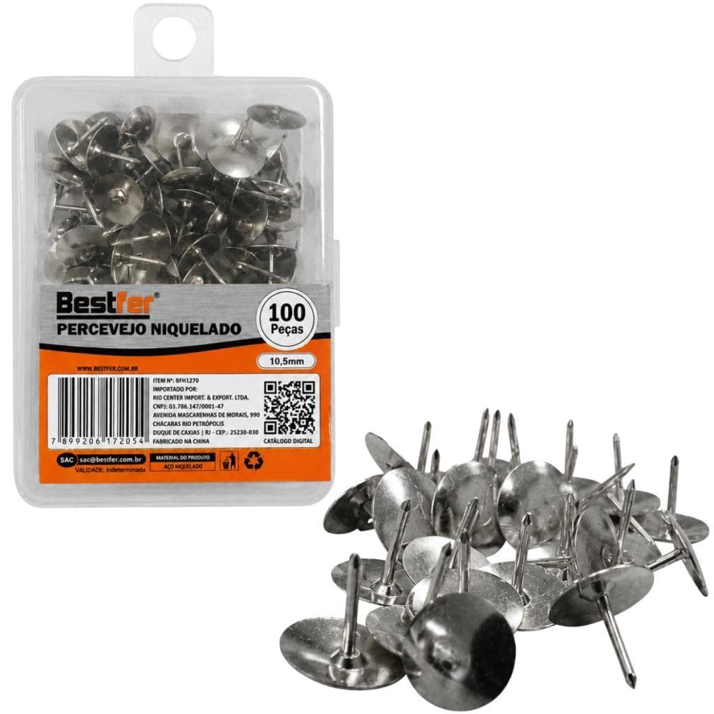 Kit 100 Tachinhas Percevejo 10,5mm em Aço Niquelado para Quadro Mural Cortiça e Uso Geral Bestfer