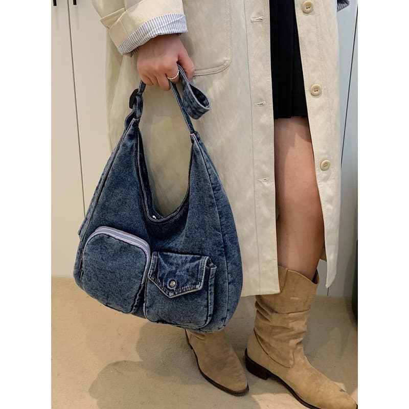 Retro Denim axilas saco lavado bolsa de ombro quente menina Multi-bolso textura saco do mensageiro não macio Commuter sa