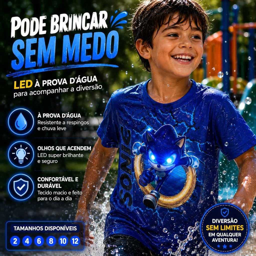 Camiseta de LED Pisca Luz Prova d´água Sonic Azul