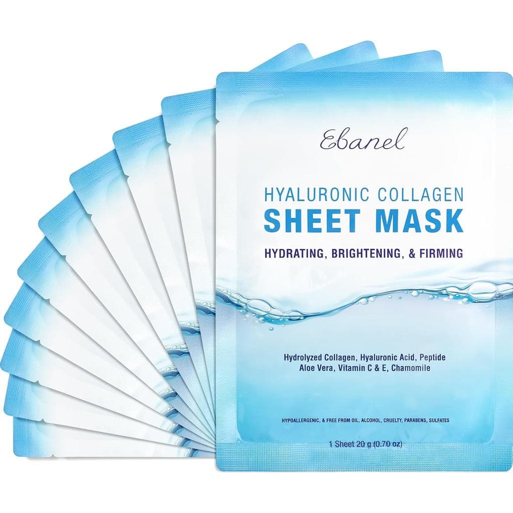 Máscara Facial de Colágeno Ebanel 10 Unidades com Ácido Hialurônico, Vitamina C, Peptídeos, Aloe, Máscaras Faciais Hidra