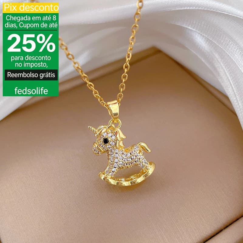 Fedsolife Colar Feminino Cavalo Folheado a Ouro com Zircônia, Aço Inoxidável, Colar Clavícula