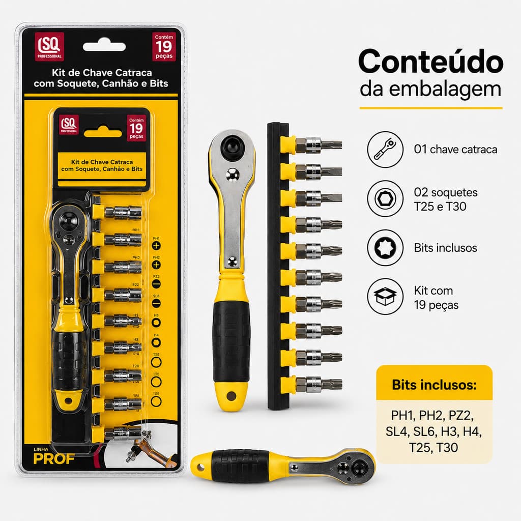 Kit Chave Catraca 19 Peças Soquete Bits Canhão