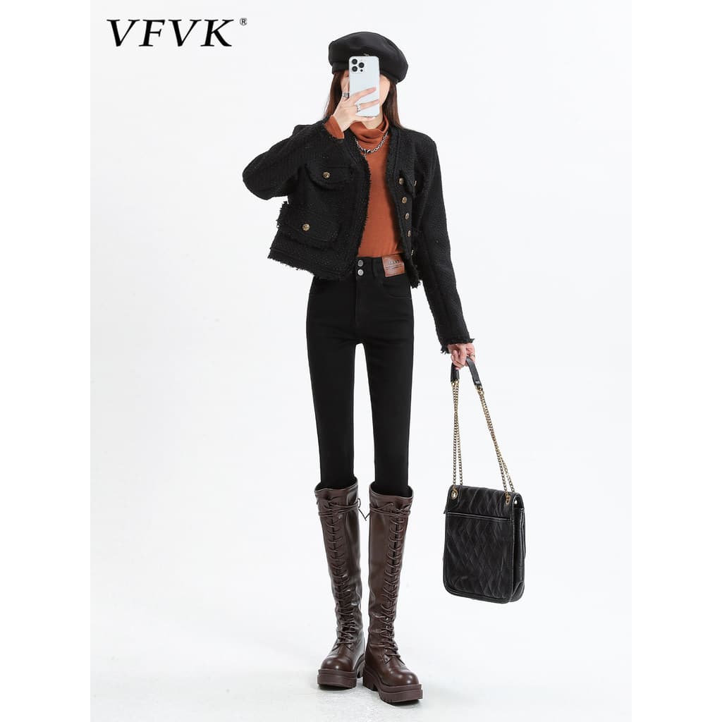 Vfvk preto calças magras Jeans feminino 2026 novo estilo calças de cintura alta magro elástico All-Match botas calças lá