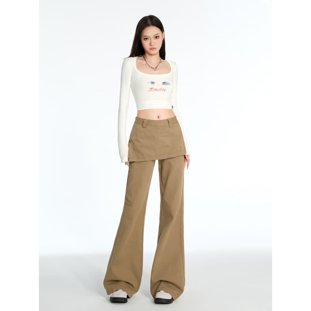 Vfvk cáqui geral Jeans feminino primavera 2026 novo estilo americano falso Design de duas peças Hip-Lifting calças ligei