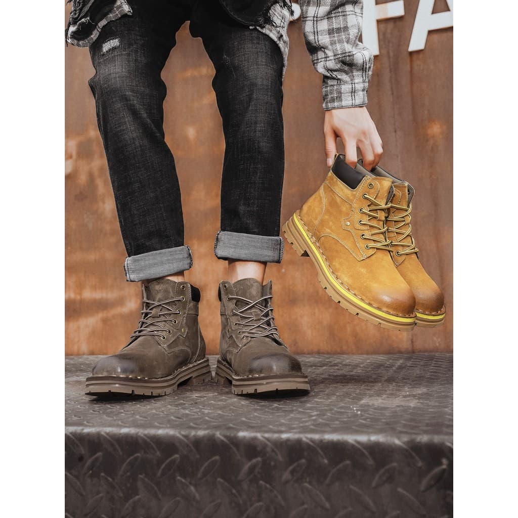 Sanzan Martin botas masculinas de couro genuíno botas de cano médio botas de couro masculinas britânicas de sola grossa