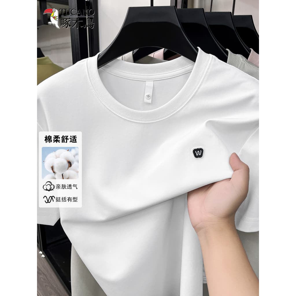 Woodpecker 2026 verão novo estilo algodão respirável manga curta camiseta masculina de meia-idade All-Match solto em tor