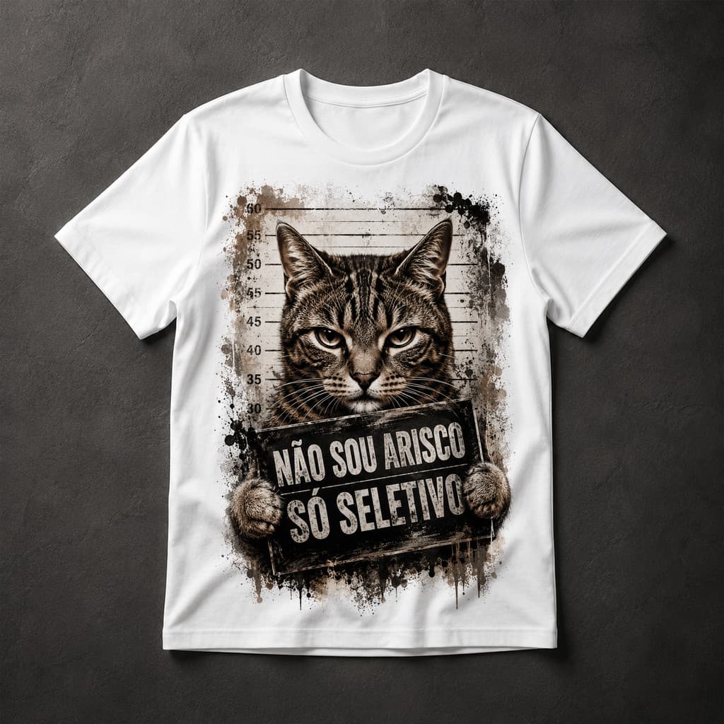Camiseta Gato Não Sou Arisco Só Seletivo Mugshot Felino Humor Animal