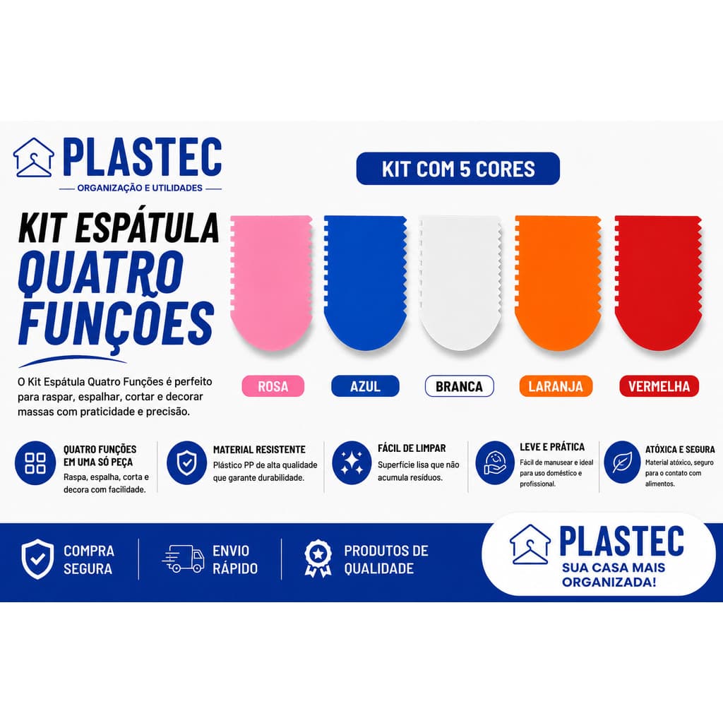 KIT COM 5 ESPATULA RASPADEIRA PLASTICA 4 FUNCOES DECORATIVA