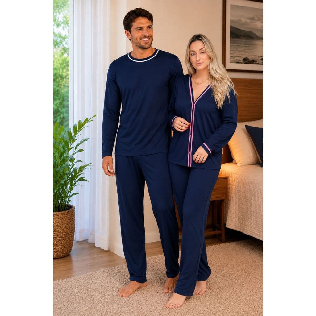Pijama Casal Inverno Combinando Conjunto Frio Família AZUL