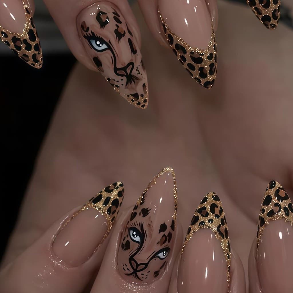 Elegante branco de comprimento médio usando unhas de amêndoa usando unhas High-End dourado leopardo impressão peças de M