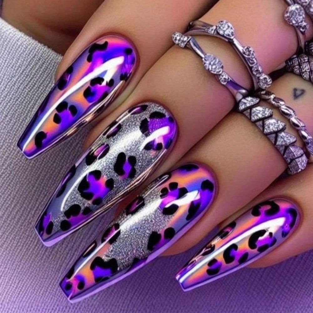 Longo em forma de balé manicure vestindo unhas brilhantes moda falso prego remendo roxo mancha leopardo impressão manicu