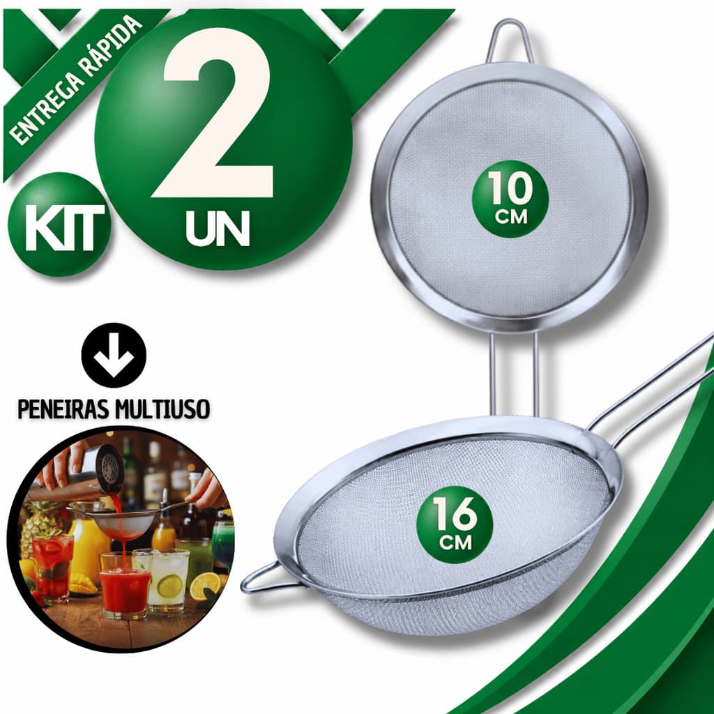Kit Peneira Aço Inox Profissional 16/10 Cm Reforçada Farinhas Coar Líquidos Cozinha Qualidade Garantida