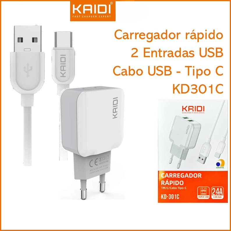 Carregador Cabo e Fonte 2 saídas Carga Rápida 2.4A USB para Tipo C 1m KAIDI KD-301C