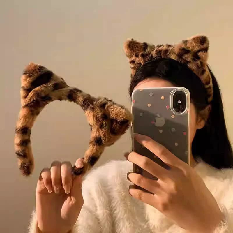 Bonito Leopardo Padrão Orelhas De Gato Bandana De Pelúcia Feminino Inverno Rosto Lavagem Máscara Facial Acessórios Para